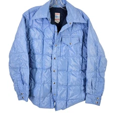 Vintage 70s Frostline Quilted Down Western Snap Button Shirt Jacket Blue Mens L