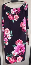 Eliza J Navy With Pink Floral Off The Shoulder Shift Dress 3/4 Tie Up Sleeves 12