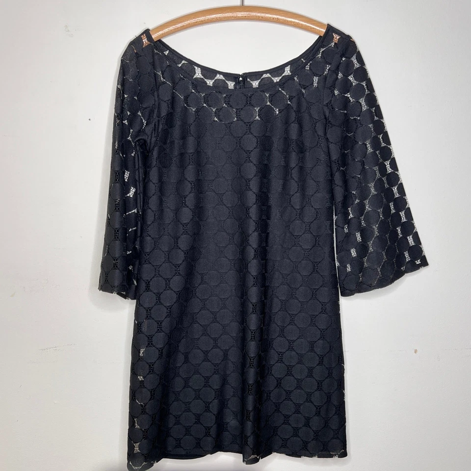 Muse Black Polka Dot Lace Bell Sleeve Shift Little Black Party Dress LBD Size 4 - Image 4 of 4