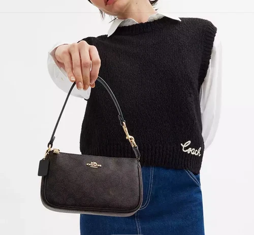 Borsa a mano Coach pochette in tela firmata nero marrone oro ferramenta CS442 NUOVA!!