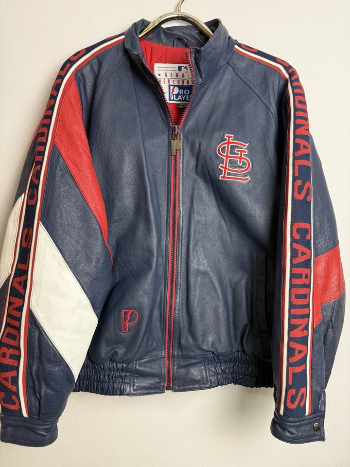 VTG LEATHER MLB St Louis Cardinals Pro Player Leather Jacket BIG LOGO AOP OBO - Image 2 of 4