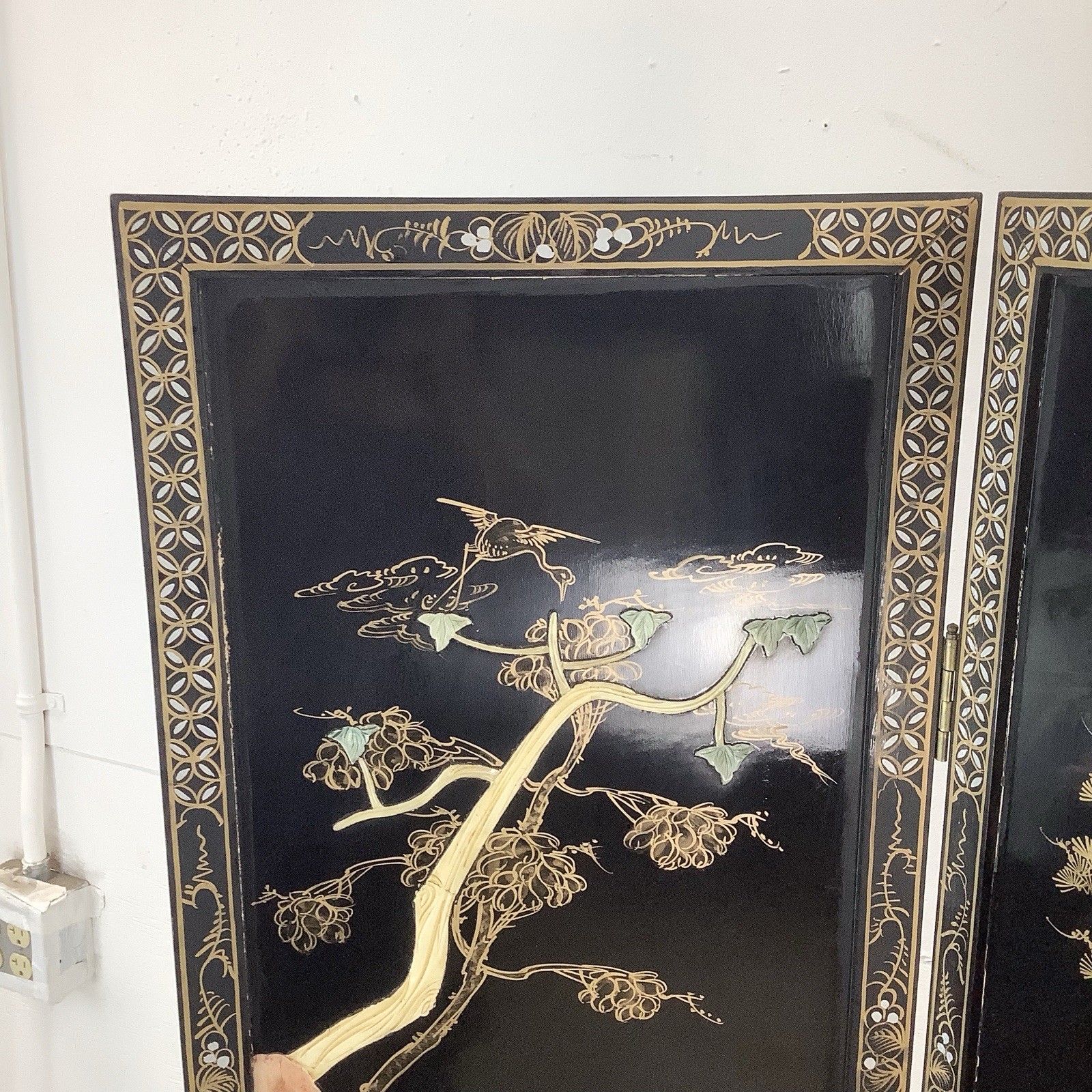 Vintage Black Lacquer Chinoiserie Folding Screen