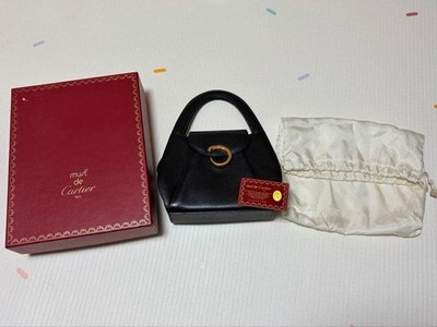 Cartier Hand Bag Panthere Black Gold Leather Vintage Authentic Used with Box