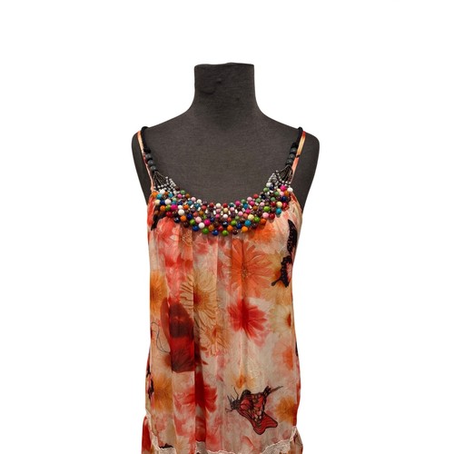 Boho Butterfly Floral Tiered Maxi Dress Beaded Neckline Orange Cream Small