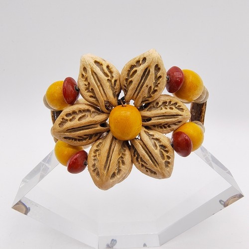 Hawaiian Style Flower Cuff Bracelet Natural Seed Pods Kukui Nut Yellow Wood Bead