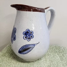 Hand Painted CAT Mexico Pottery Pitcher Blue Bird Flowers Rustic Folk Art