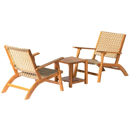 3 Piece Wooden Garden Bistro Set Acacia Wood Table Rattan Chairs Patio Furniture - Picture 3 of 8