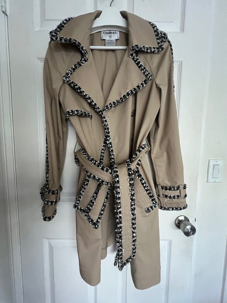 Chanel Trench Coat With Tweed Trim Size 40, Medium Beige And Black