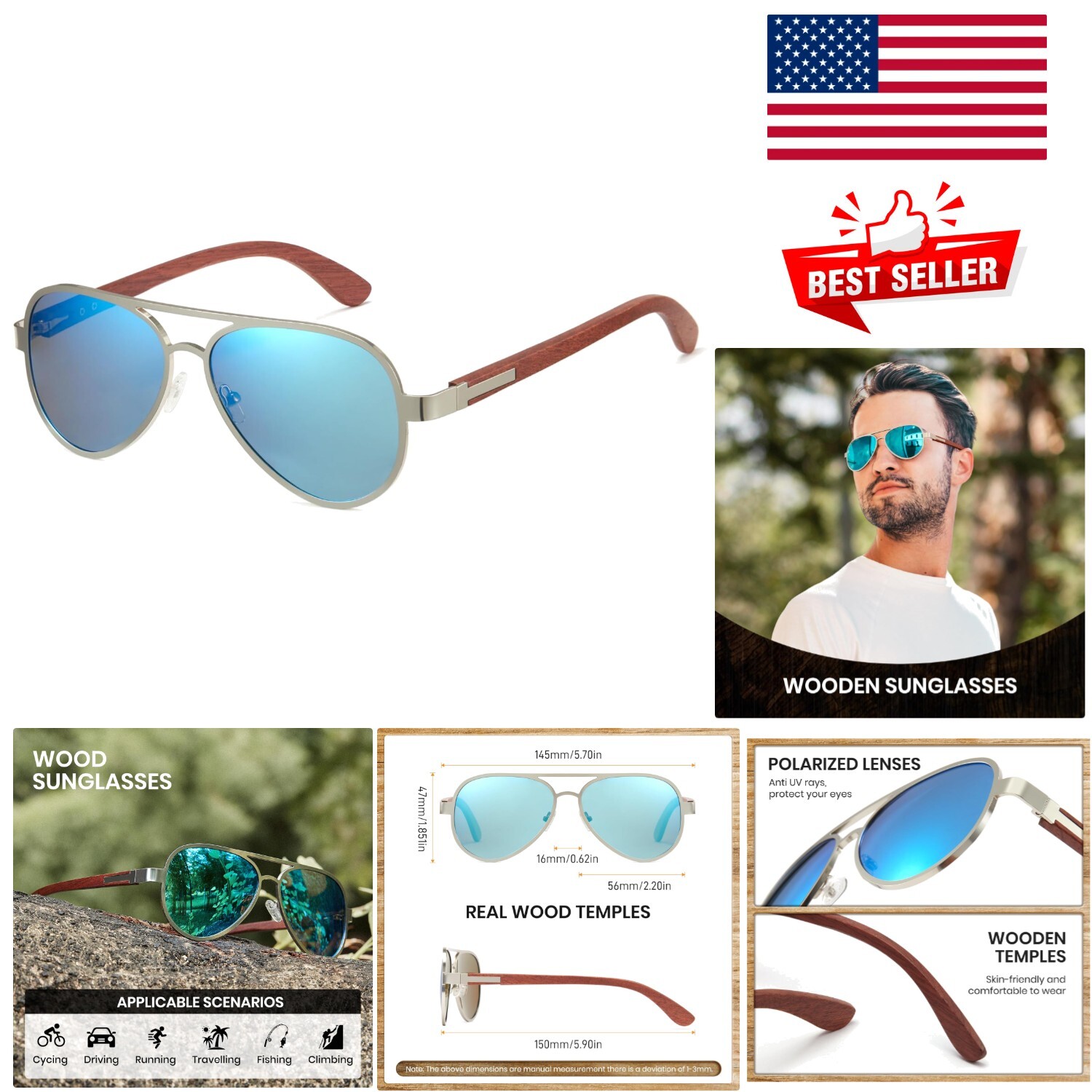 Polarized Aviator Sunglasses for Men with Wooden Temples - UV400 Protection-image