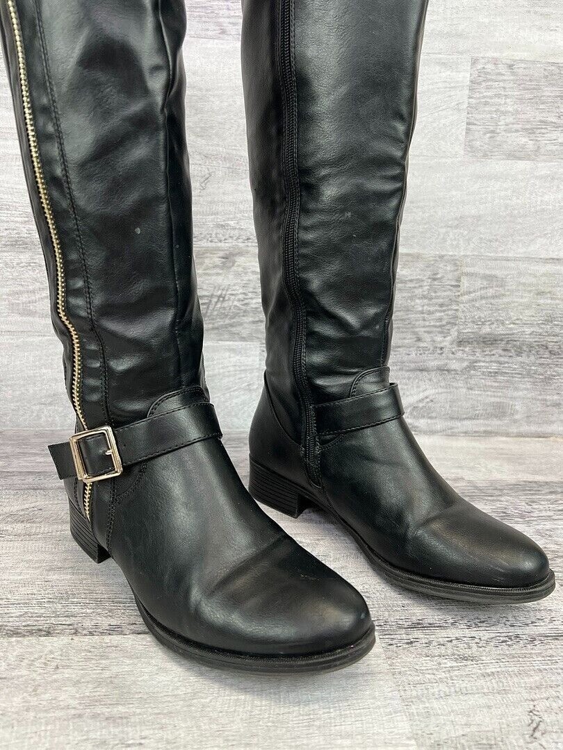 ShoeDazzle Balmani Womens Black Knee-High Boots With Side Zip & Buckle Strap