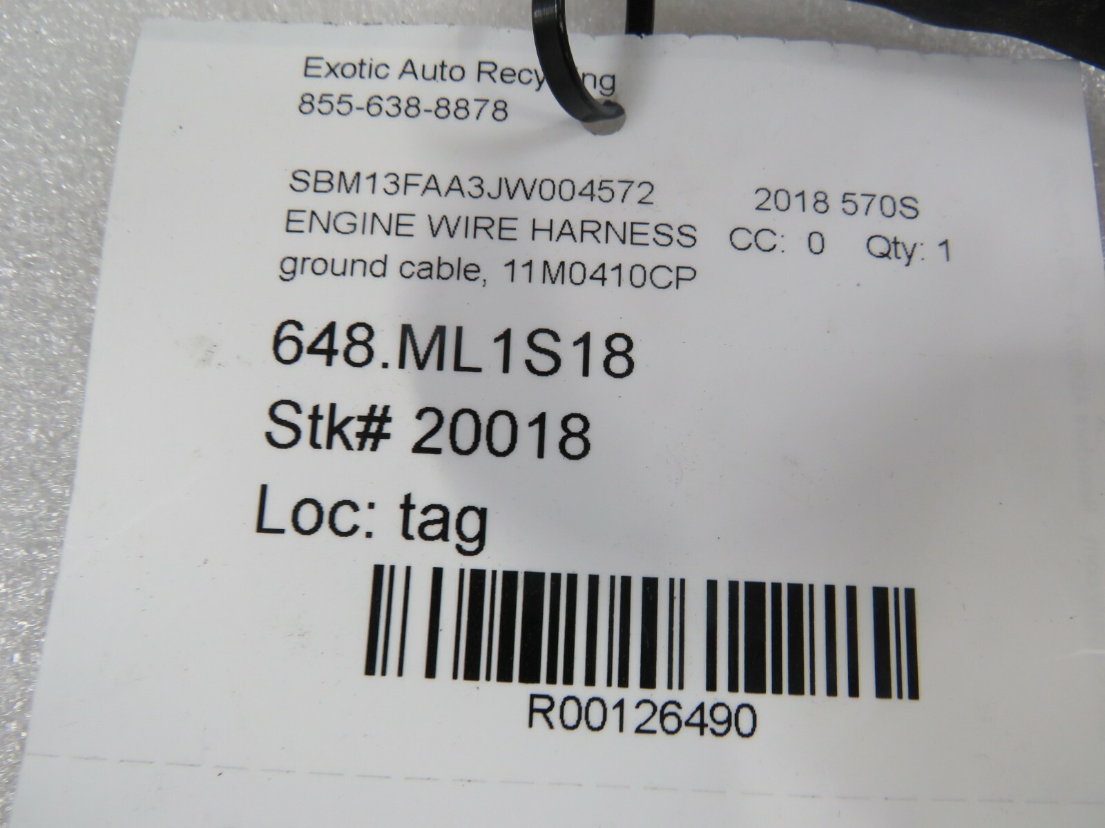 McLaren 570S, Engine Ground Wire Harness, Used, P/N 11M0410CP