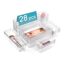28 PCS Clear Plastic Drawer Organizers Set, 4-Size Bathroom and Vanity Drawer