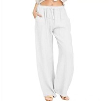 Women Plain Cotton Linen Wide Leg Pants Ladies Summer Casual Drawstring Trousers