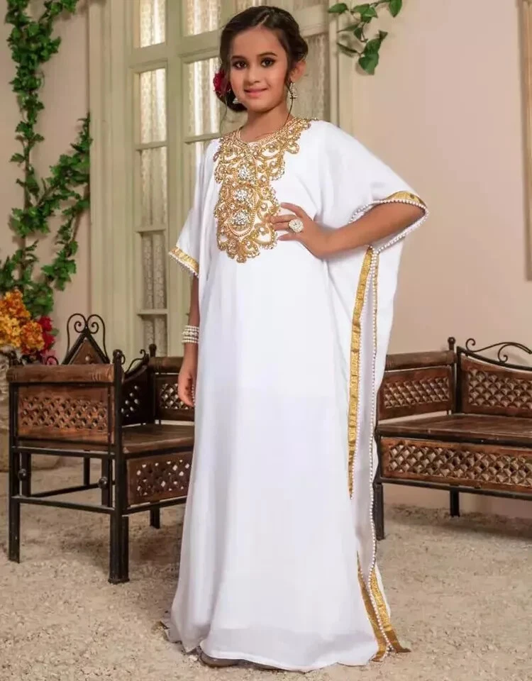 Kaftan Ramzan Eid Sale Stylish Kids Long White Dress Georgette Moroccan Wedding - Image 3 of 4