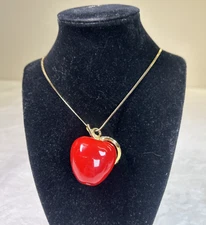 Vintage signed KJL (Kenneth Lane) bright red apple with pave rhinestone leaf FS
