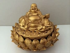 Buddha Laughing Incense Holder Happy Buddha Figurine Painted Gold For Luck & Joy