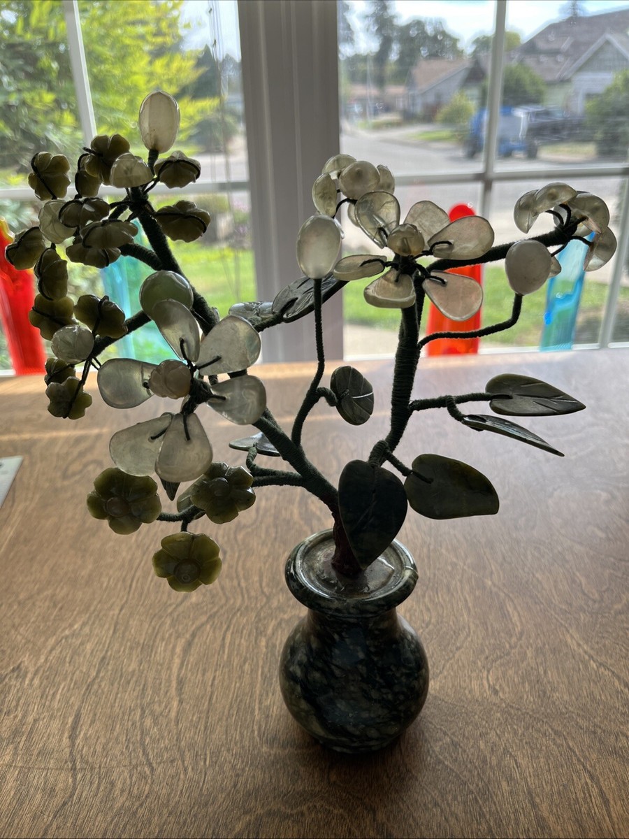 草の彫刻 Vintage Stone Flowers Leaves Stone Vase Jade Rose Quartz Carved