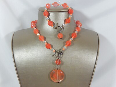 VTG 925 STERLING STRAWBERRY QUARTZ CENTER DROP  TOGGLE NECKLACE & BRACELET SET