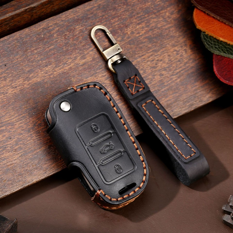 Leather Remote Key Fob Cover Case Holder Shell for Volkswagen Tiguan