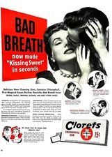1951 CLORETS GUM Large Original Vintage Print Ad Bad Breath Couple Kissing
