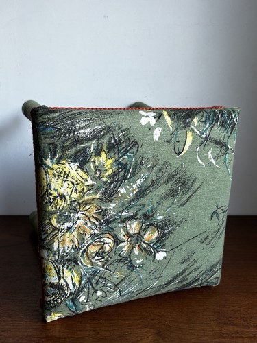Vintage Painted Wooden Green Stool Upholstered Farmhouse In Printed 60s fabric - Picture 3 of 14