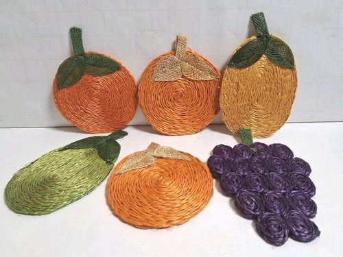 6 Vtg. Straw Rattan Woven Drink Coasters Fruit Shaped Grapes Apple Orange Etc.