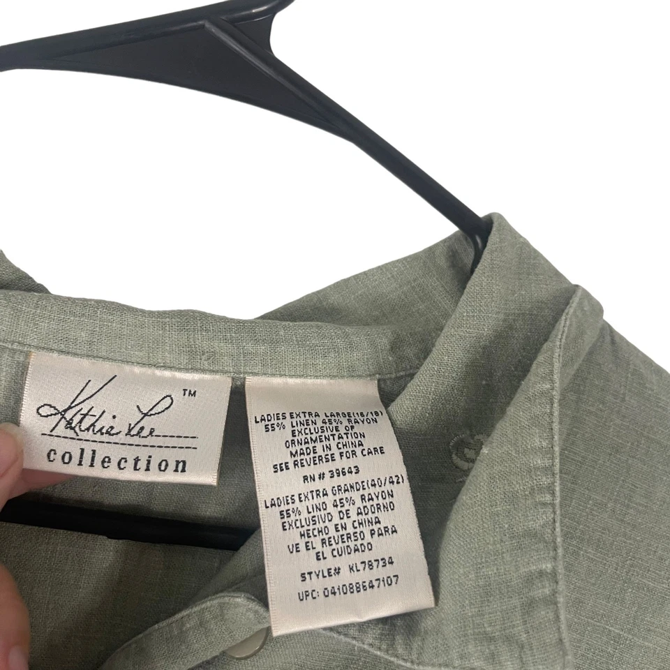 Kathie Lee Vintage 90s Women Size XL Green Linen Blend Embroidered Button Blouse - Imagem 4 de 4