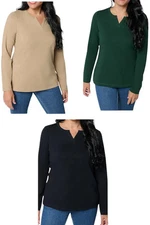 Denim & Co. Women's 3pk Jersey Split Neck Tops Blk/Pine/Stone