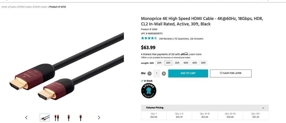 Monoprice Cabernet Ultra 30-Feet HDMI Cable - 112959