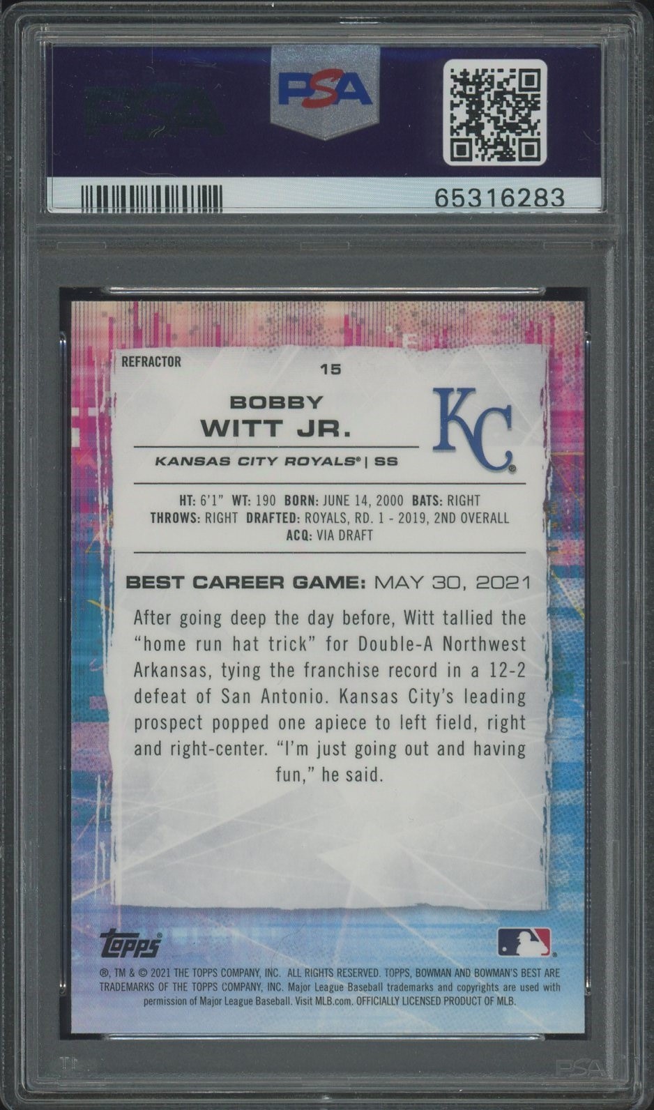 2021 Bowman's Best Bobby Witt Jr. RC Rookie REFRACTOR PSA 10 view 2