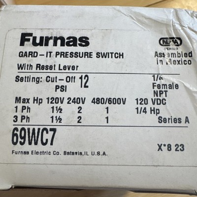 Furnas 69WC7 3-20# Cut-Off w/Reset lever Pressure Switch NEW ORIGINAL