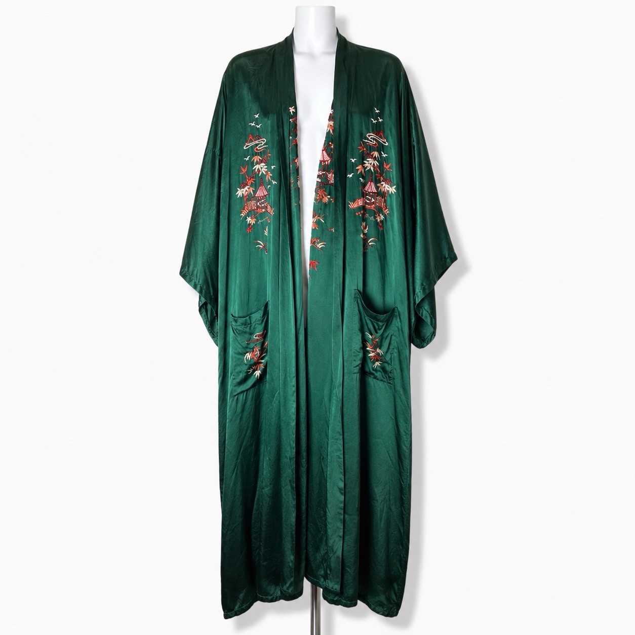 Vintage Japanese Satin Forest Green Satin Embroidered Kimono Robe One Size