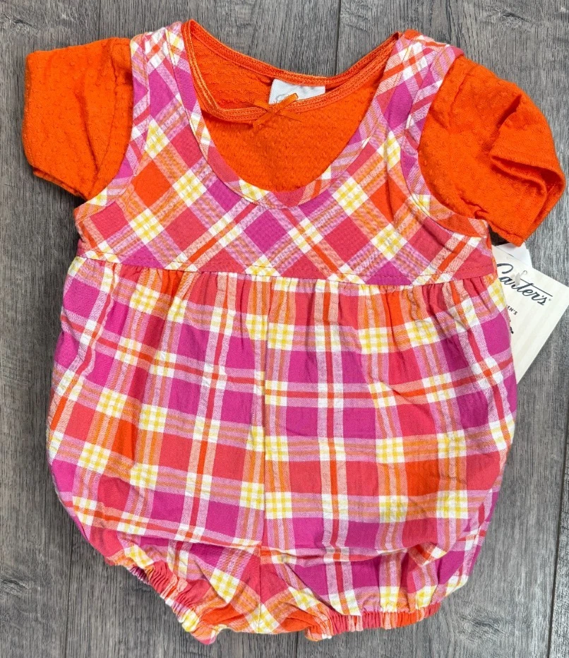 Baby Girl Clothes New Vintage Carter's 3-6 Month 2pc Orange & Pink Romper Outfit