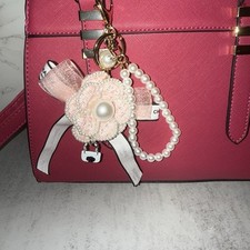 Camellia flower Key Ring Bag Charm Keychain Faux Pearl Pink Handmade Accessories