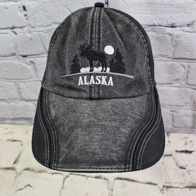 Alaska Hat Embroidered Moose Moon Mens Black Gray Adjustable Resortwear Cap