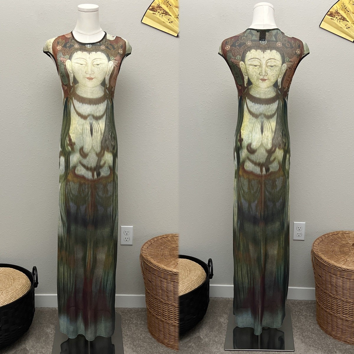 vintage 90s rare vivienne tam kuan yin buddha print mesh maxi