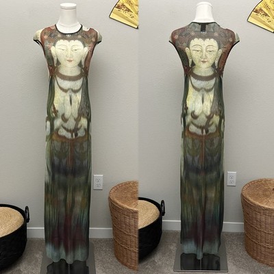 vintage 90s rare vivienne tam kuan yin buddha print mesh maxi