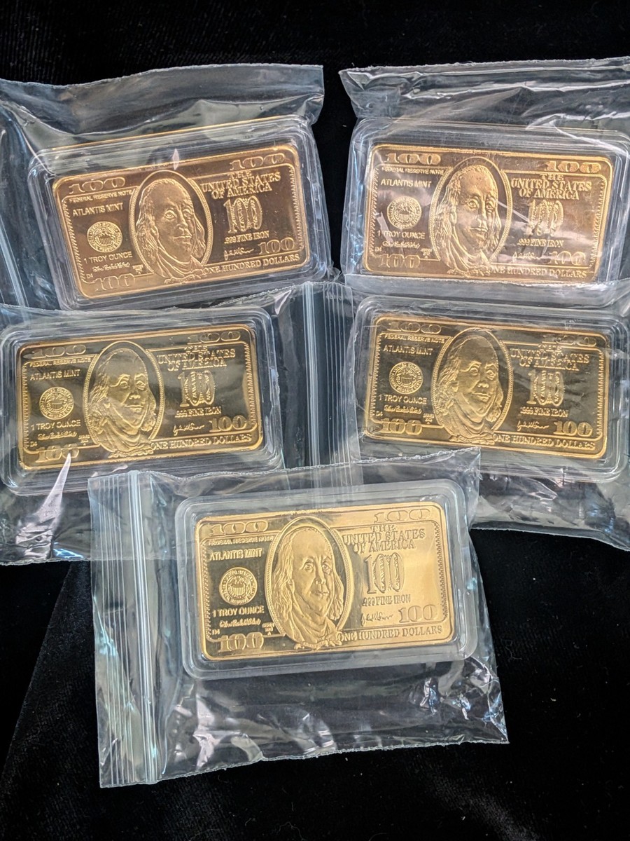 ※アウトレット【ハート】1〜100 【貯金BOX】 Lot of 5) Atlantis Mint $100 Bill .999 Fine Iron Bar 1 Troy Ounce