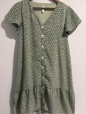 L Love Green Boho Chuc Summer V Neck Button Front Mini Dress Small