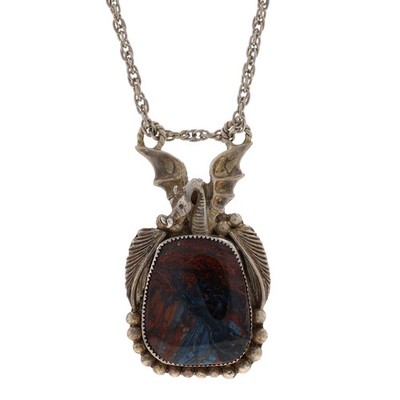 Native American Gayle Two Hawks Jasper Dragon Solitaire Necklace 23''Sterling 925