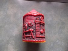 1970's Vintage 4.5" Tall Pillar Sculptured Candle Carved Wax Wrapped Home Scene