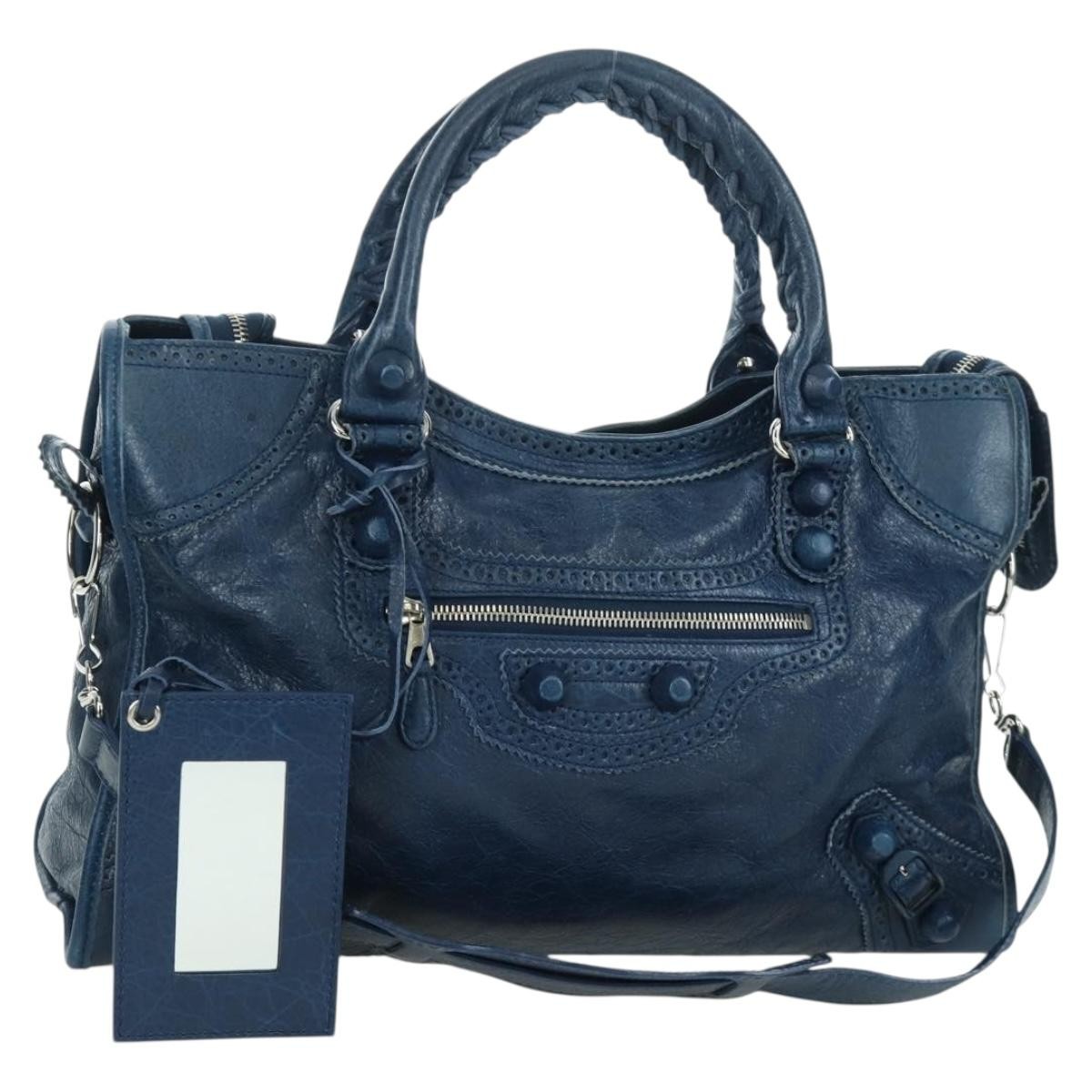 BALENCIAGA Giant City Hand Bag Leather 2way Blue Silver 258044