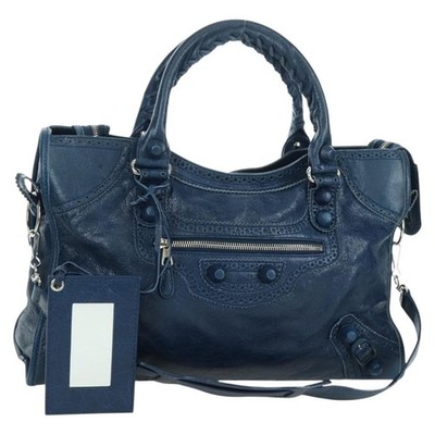BALENCIAGA Giant City Hand Bag Leather 2way Blue Silver 258044