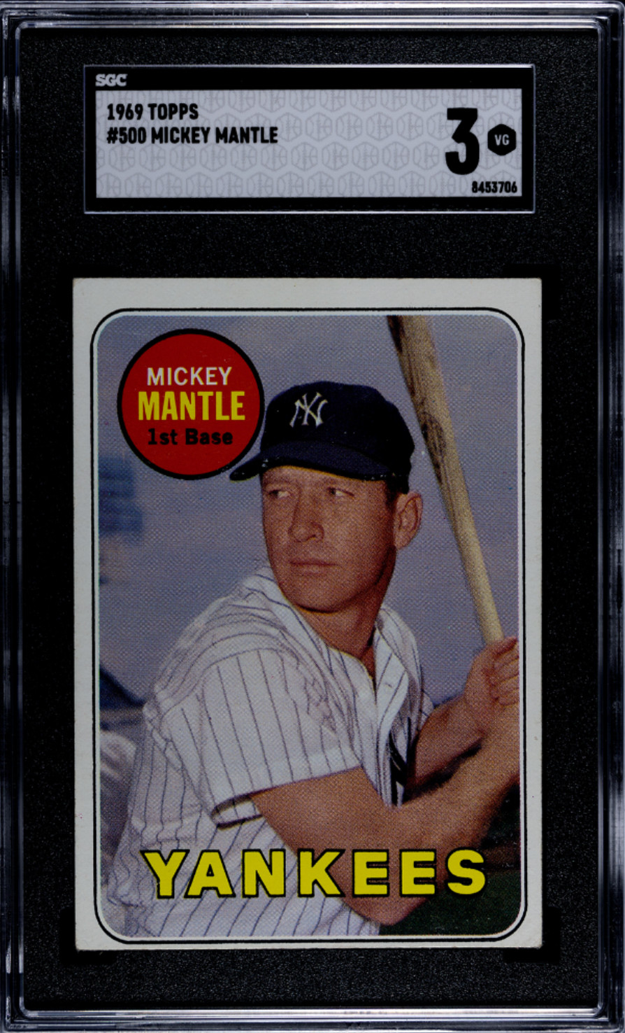 1969 Topps  Mickey Mantle #500 Last Name in Yellow SGC 3