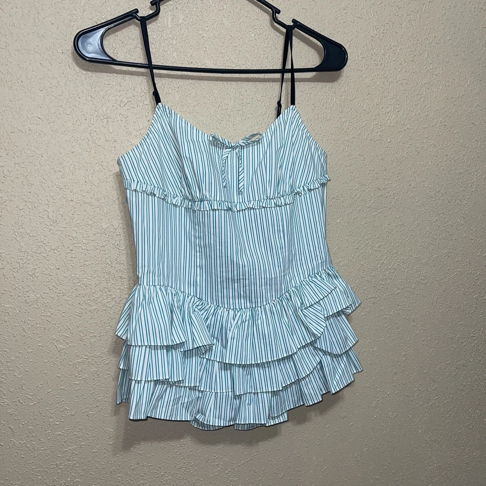 Betsey Johnson море зеленый полоски пеплум оборки ярусный Майка размер 4 новый $198 - Изображение 3 из 4