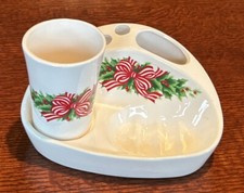 Vintage Ceramic Holiday Soap Dish. Toothbrush Holder With Matching Water Cup.