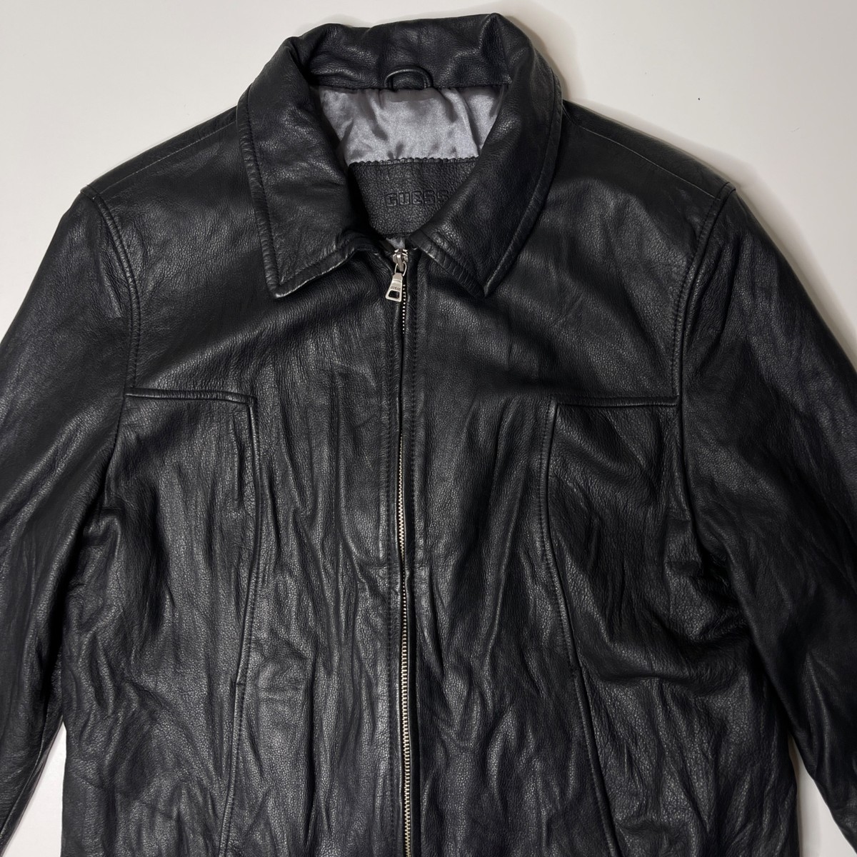 Womens Guess XL Genuine Leather Jacket Black Collared Full Zip Classic