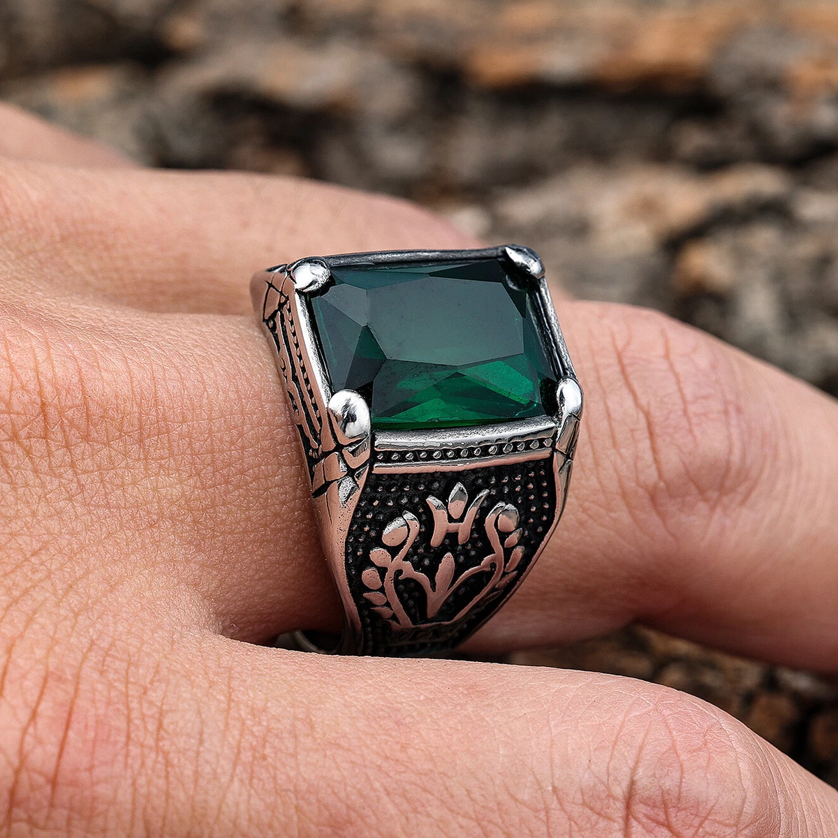 Mens Green Black Blue Red CZ Aquamarine Square Stone Ring Size 7