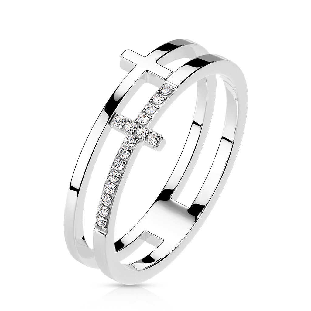 Anillo para Mujer Acero Inoxidable Color Plata Doble Cruz Barato 7721S