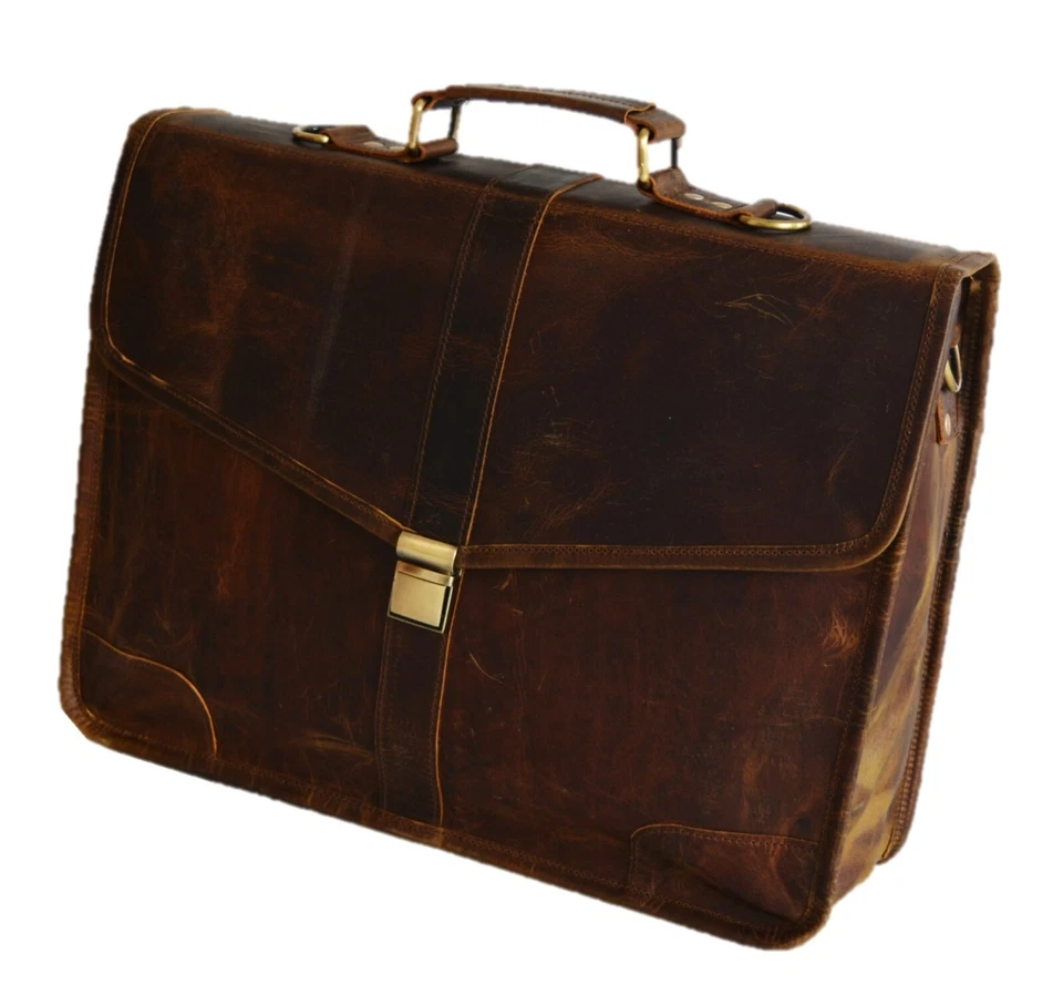 Bolso Maletín Oficina Bolso Hombre 16 Pulgadas Cuero Laptop Marrón Hecho a Mano Vintage Foto 3 de 4